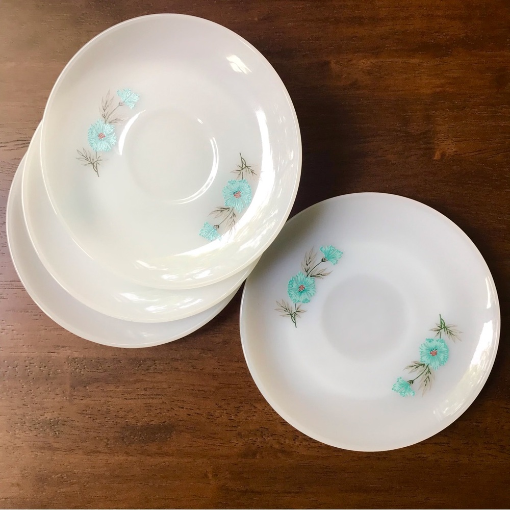 Vintage Fire King Oven Ware “Bonnie Blue” Carnation Set Of 4 Milk Glass Saucers